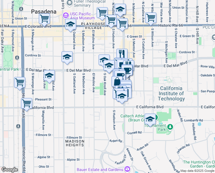 map of restaurants, bars, coffee shops, grocery stores, and more near 390 South El Molino Avenue in Pasadena