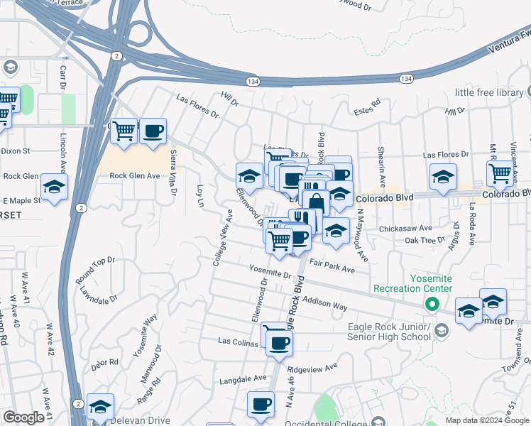 map of restaurants, bars, coffee shops, grocery stores, and more near 5030 Ellenwood Drive in Los Angeles