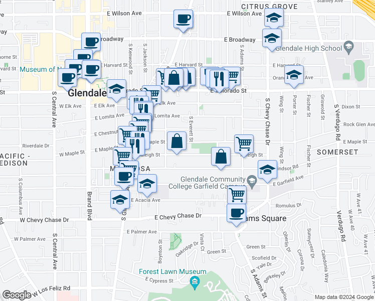 map of restaurants, bars, coffee shops, grocery stores, and more near 707 Raleigh Street in Glendale