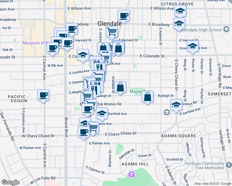 map of restaurants, bars, coffee shops, grocery stores, and more near 605 Raleigh Street in Glendale