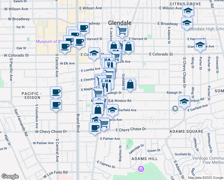map of restaurants, bars, coffee shops, grocery stores, and more near 515 Raleigh Street in Glendale