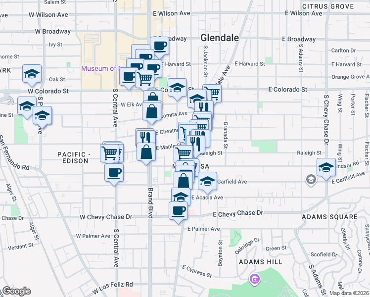 map of restaurants, bars, coffee shops, grocery stores, and more near 308 East Maple Street in Glendale