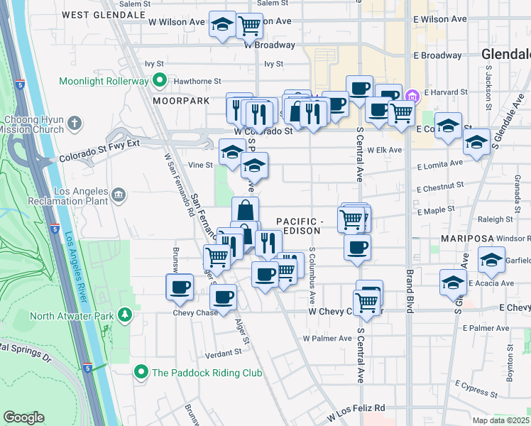 map of restaurants, bars, coffee shops, grocery stores, and more near 450 Riverdale Drive in Glendale