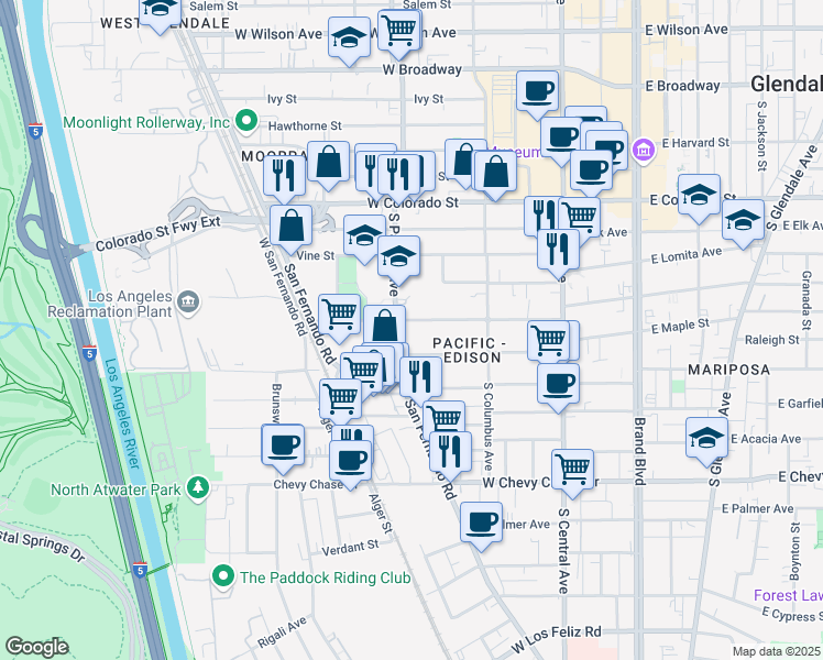 map of restaurants, bars, coffee shops, grocery stores, and more near 500 Riverdale Drive in Glendale