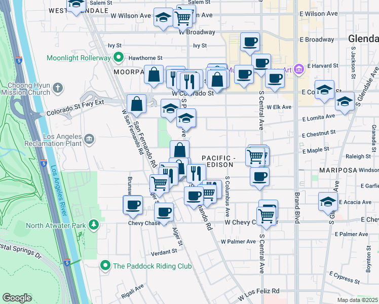 map of restaurants, bars, coffee shops, grocery stores, and more near 500 Riverdale Drive in Glendale