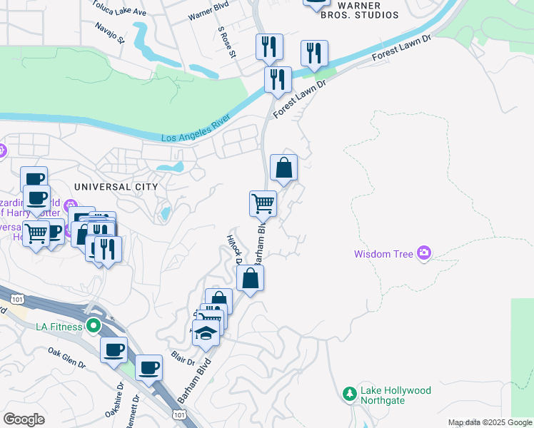 map of restaurants, bars, coffee shops, grocery stores, and more near 3636 Barham Boulevard in Los Angeles