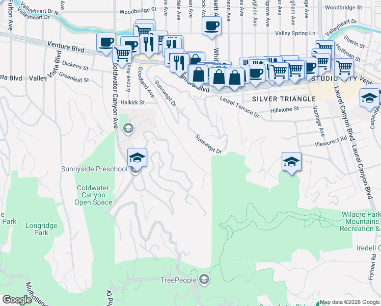 map of restaurants, bars, coffee shops, grocery stores, and more near 3710 Goodland Avenue in Los Angeles