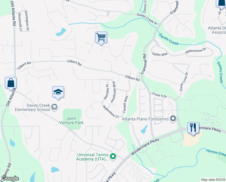 map of restaurants, bars, coffee shops, grocery stores, and more near 4475 Heathcliff Way in Cumming