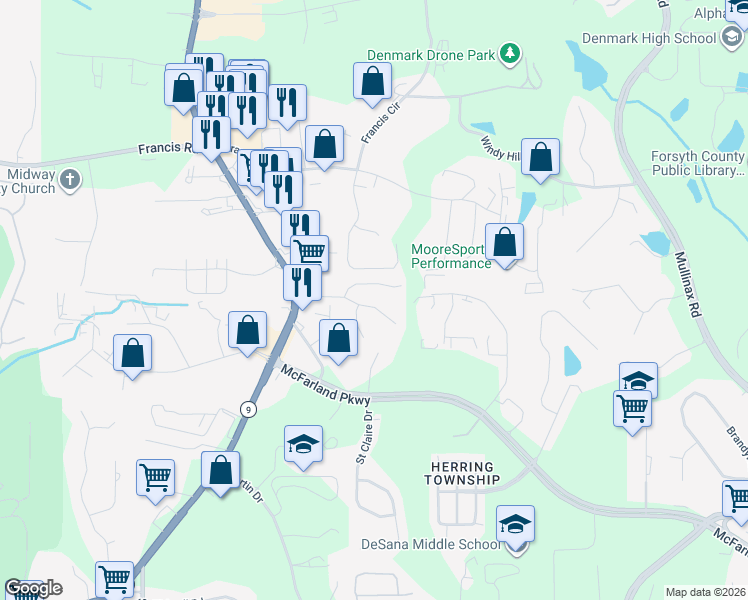 map of restaurants, bars, coffee shops, grocery stores, and more near 6145 Crested Moss Drive in Alpharetta