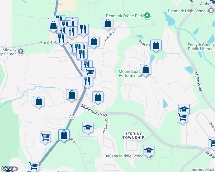 map of restaurants, bars, coffee shops, grocery stores, and more near 6145 Crested Moss Drive in Alpharetta