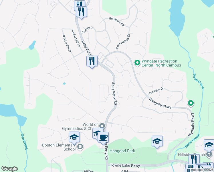 map of restaurants, bars, coffee shops, grocery stores, and more near 217 Ascott Lane in Woodstock