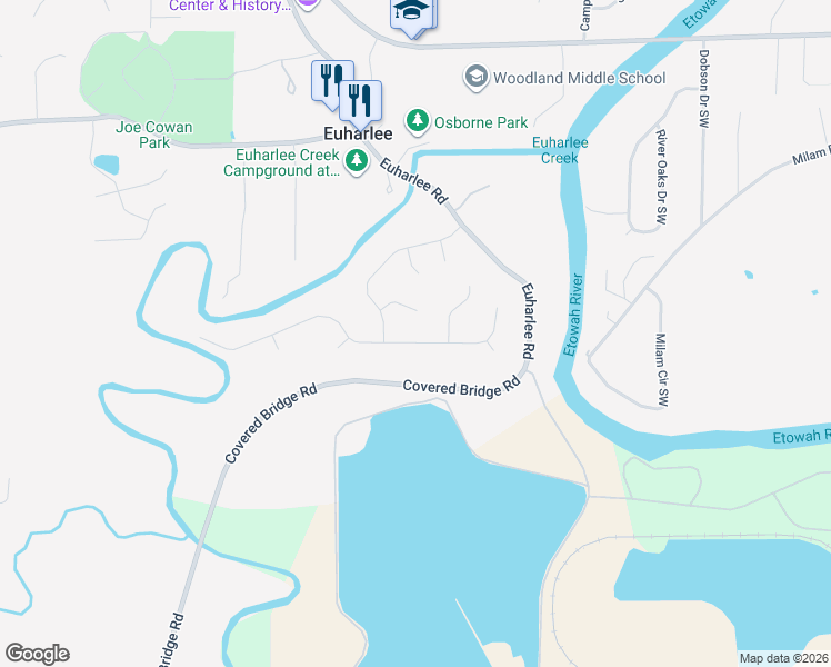 map of restaurants, bars, coffee shops, grocery stores, and more near 36 Lazy Water Drive Southwest in Euharlee