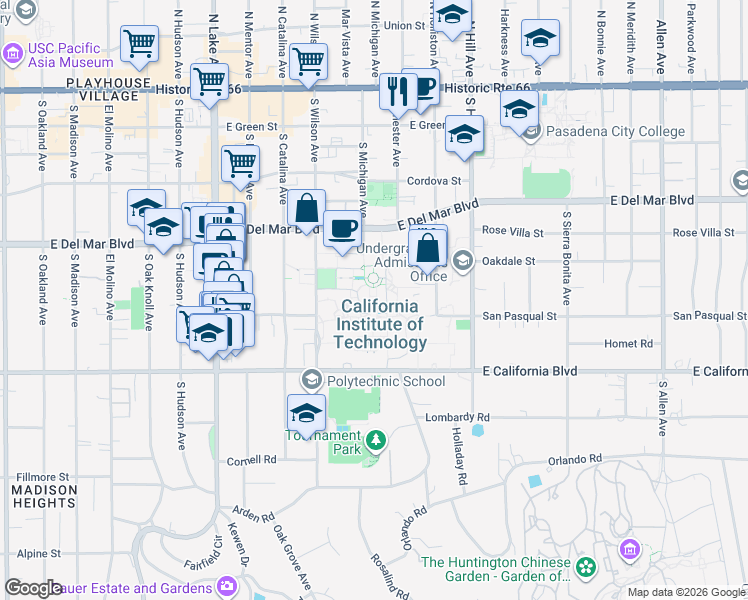 map of restaurants, bars, coffee shops, grocery stores, and more near  in Pasadena