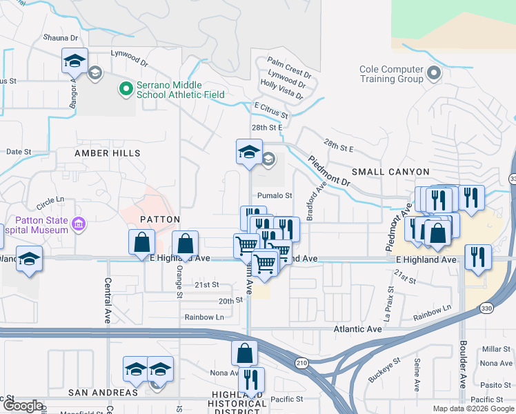 map of restaurants, bars, coffee shops, grocery stores, and more near 2392 Peacock Avenue in Highland