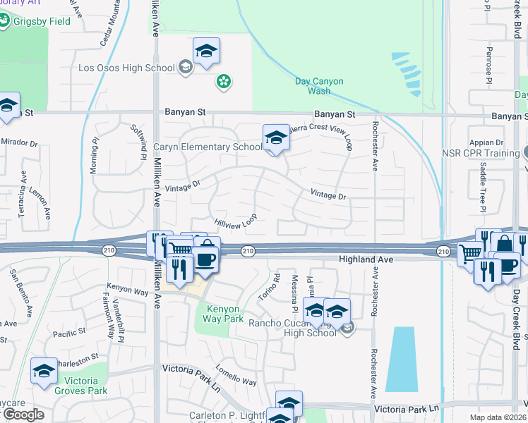 map of restaurants, bars, coffee shops, grocery stores, and more near 11603 Santiago Peak Court in Rancho Cucamonga