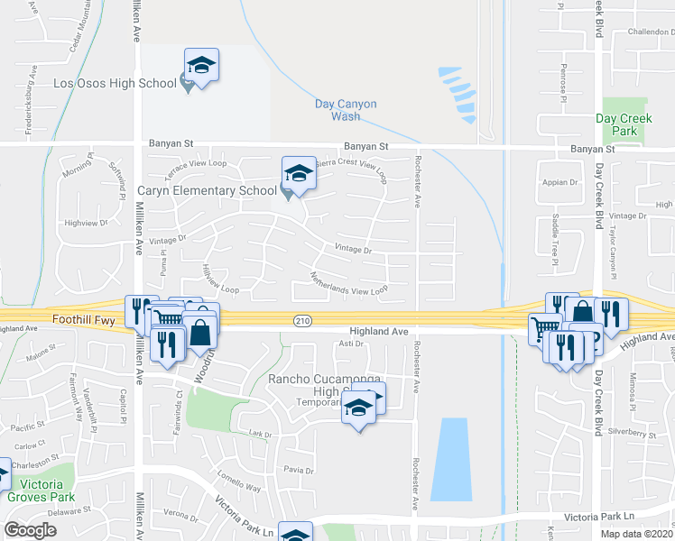 map of restaurants, bars, coffee shops, grocery stores, and more near 11752 Mount Lassen Court in Rancho Cucamonga