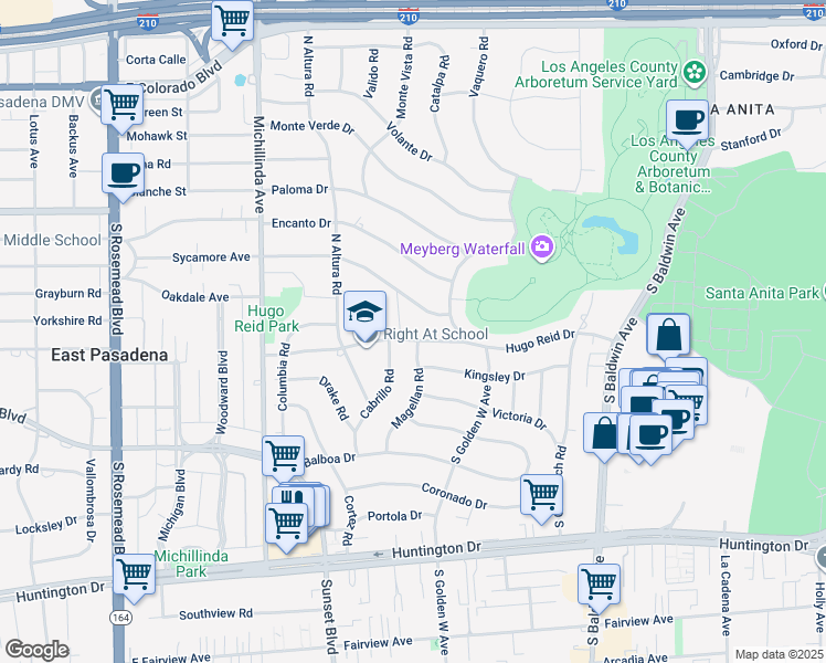 map of restaurants, bars, coffee shops, grocery stores, and more near 971 Hugo Reid Drive in Arcadia