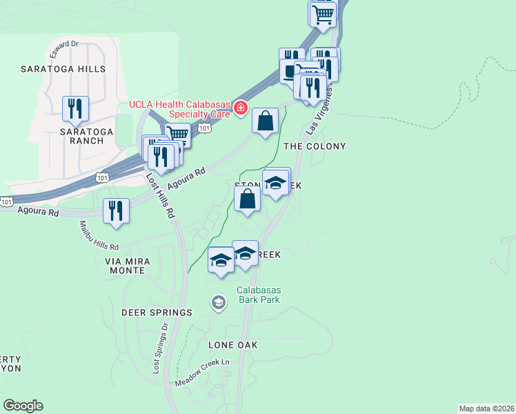 map of restaurants, bars, coffee shops, grocery stores, and more near 4325 Oak Glen Street in Calabasas