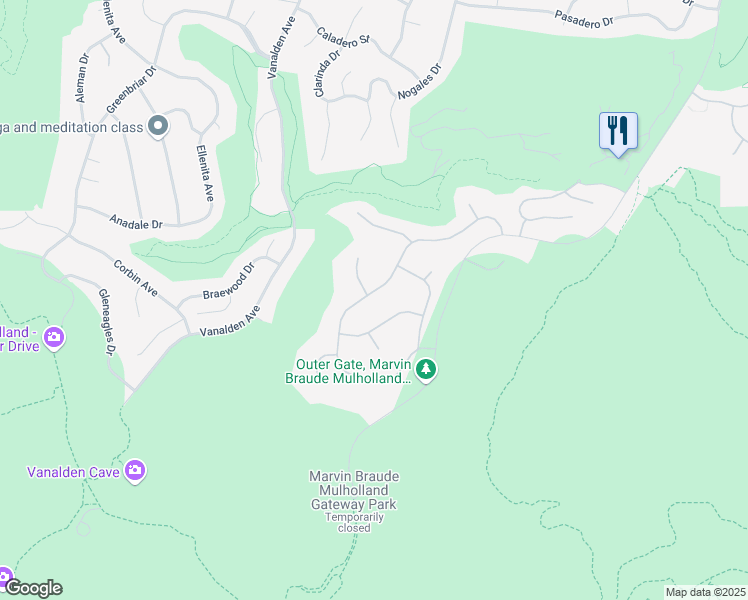 map of restaurants, bars, coffee shops, grocery stores, and more near 3800 Winford Drive in Los Angeles