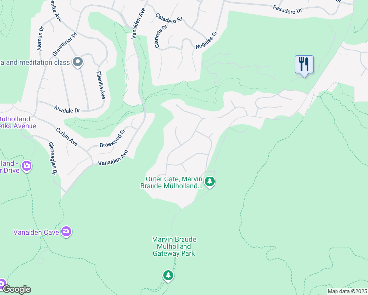map of restaurants, bars, coffee shops, grocery stores, and more near 3800 Winford Drive in Los Angeles