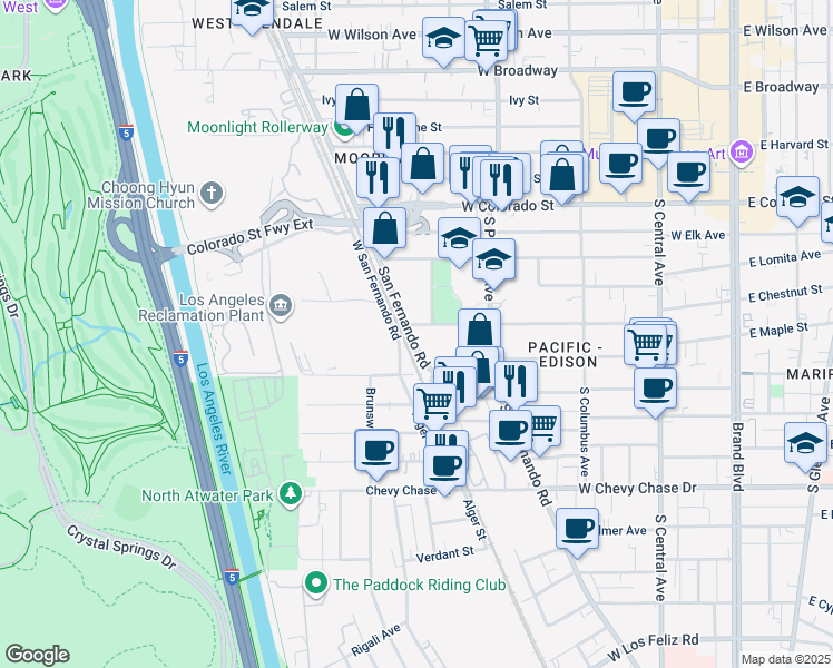 map of restaurants, bars, coffee shops, grocery stores, and more near 4742 San Fernando Road in Glendale
