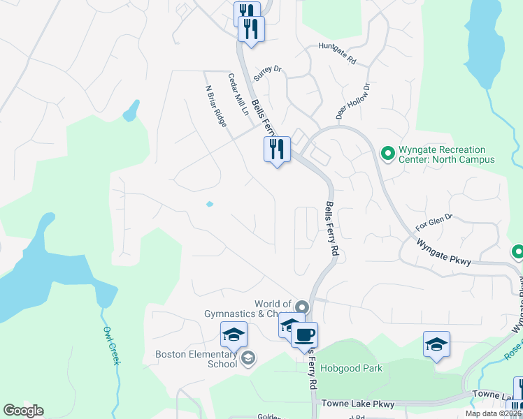 map of restaurants, bars, coffee shops, grocery stores, and more near 706 Willowbrook Lane in Woodstock