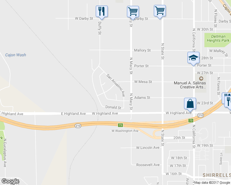 map of restaurants, bars, coffee shops, grocery stores, and more near 2495 San Benito Court in San Bernardino