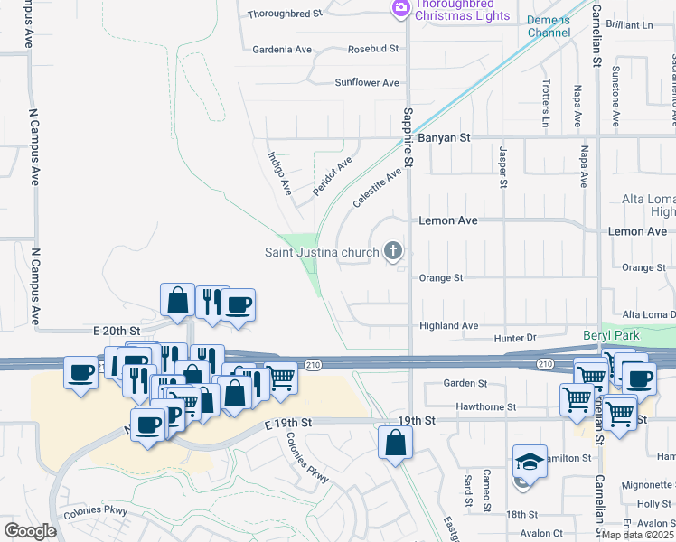 map of restaurants, bars, coffee shops, grocery stores, and more near 6399 Marble Avenue in Rancho Cucamonga