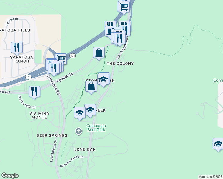 map of restaurants, bars, coffee shops, grocery stores, and more near 4462 Paxton Place in Calabasas