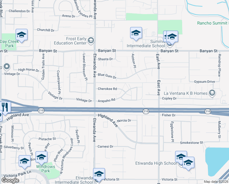 map of restaurants, bars, coffee shops, grocery stores, and more near 13029 Cherokee Road in Rancho Cucamonga