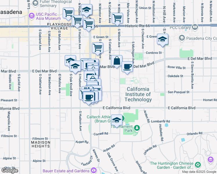 map of restaurants, bars, coffee shops, grocery stores, and more near 465 South Catalina Avenue in Pasadena