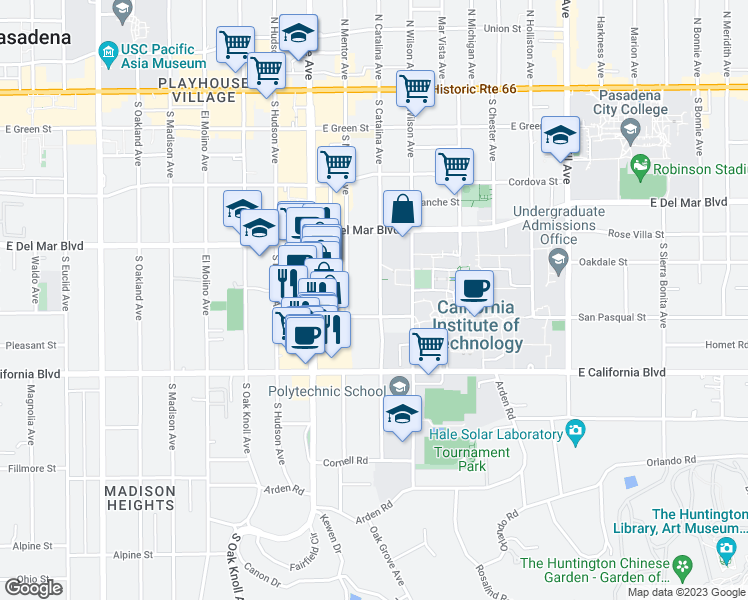 map of restaurants, bars, coffee shops, grocery stores, and more near 465 South Catalina Avenue in Pasadena