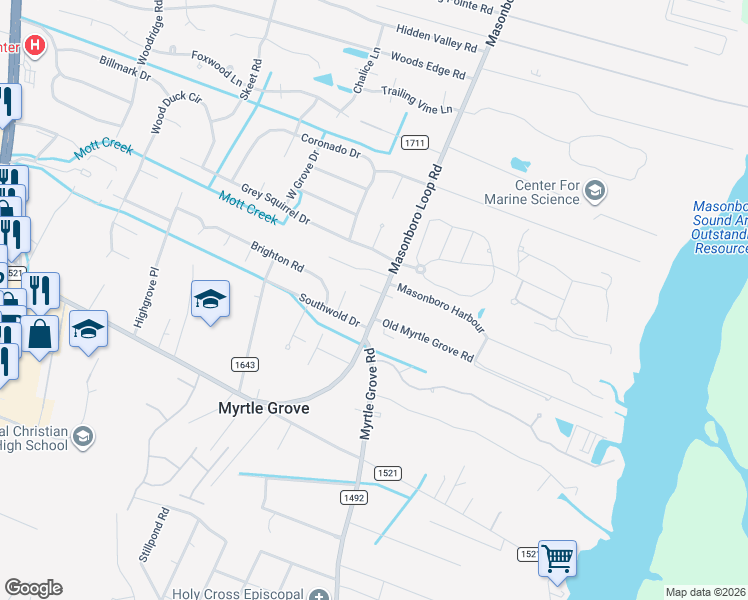 map of restaurants, bars, coffee shops, grocery stores, and more near 5326 Masonboro Loop Road in Wilmington