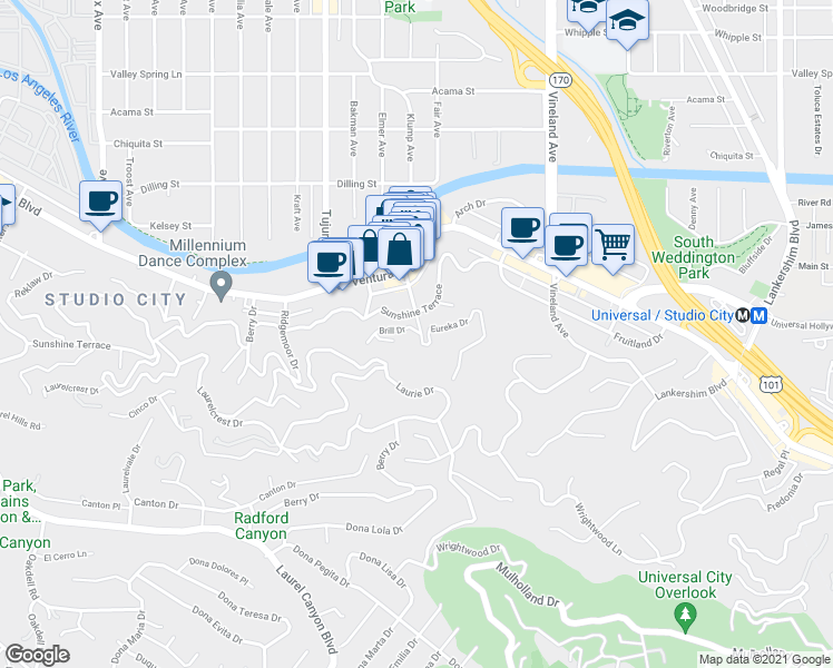 map of restaurants, bars, coffee shops, grocery stores, and more near 11302 Brill Drive in Los Angeles