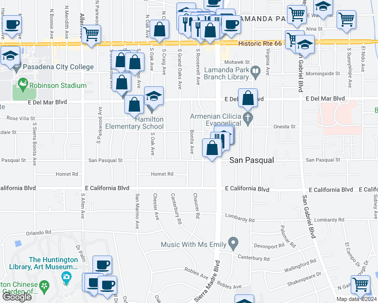 map of restaurants, bars, coffee shops, grocery stores, and more near 433 Bonita Avenue in Pasadena
