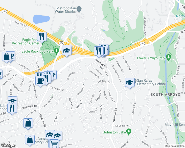 map of restaurants, bars, coffee shops, grocery stores, and more near 175 Sequoia Drive in Pasadena