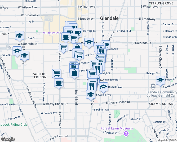 map of restaurants, bars, coffee shops, grocery stores, and more near 228 East Maple Street in Glendale