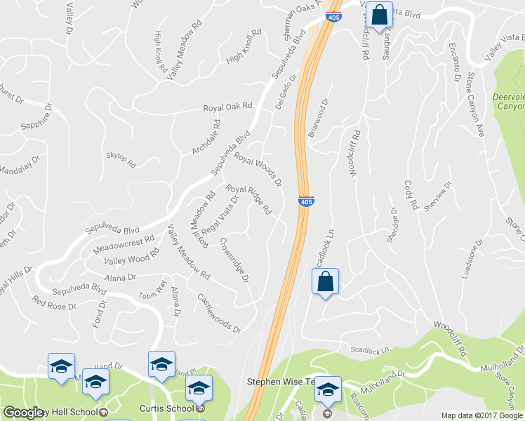 map of restaurants, bars, coffee shops, grocery stores, and more near 15626 Royal Ridge Road in Los Angeles