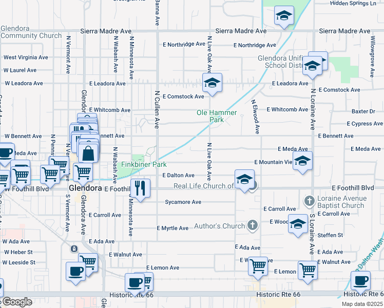 map of restaurants, bars, coffee shops, grocery stores, and more near 620 East Meda Avenue in Glendora