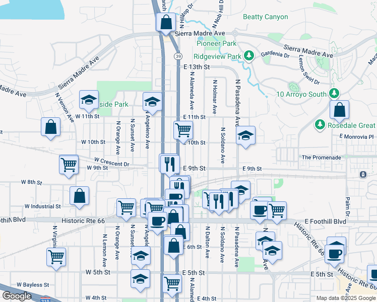 map of restaurants, bars, coffee shops, grocery stores, and more near 933 North Alameda Avenue in Azusa