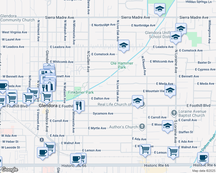 map of restaurants, bars, coffee shops, grocery stores, and more near 620 East Meda Avenue in Glendora