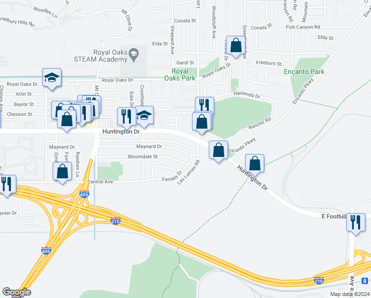 map of restaurants, bars, coffee shops, grocery stores, and more near 2639 Maynard Drive in Duarte