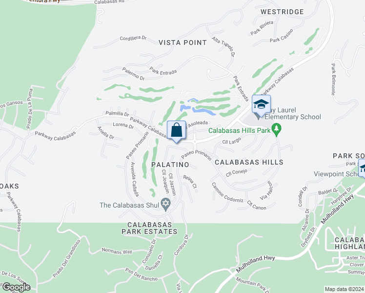 map of restaurants, bars, coffee shops, grocery stores, and more near 24819 Calle Cedro in Calabasas
