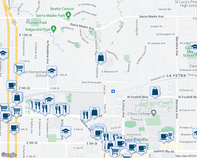 map of restaurants, bars, coffee shops, grocery stores, and more near 955 North Sweetbriar Lane in Azusa