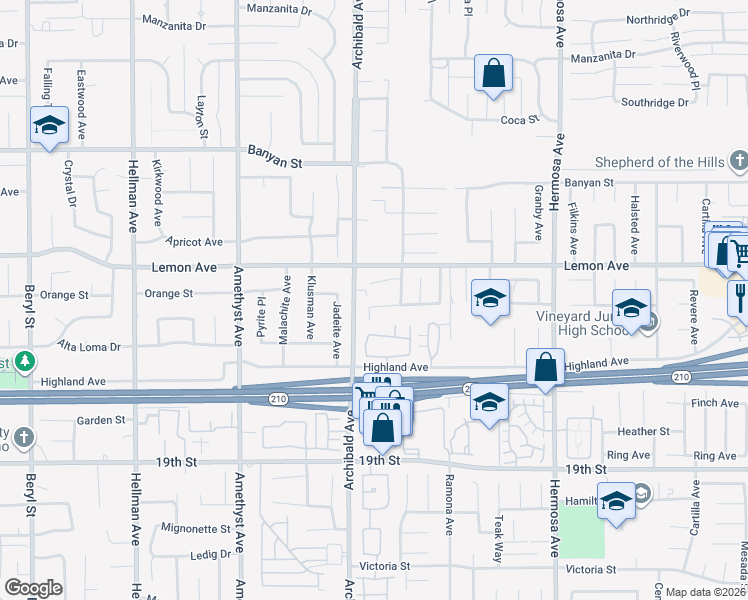 map of restaurants, bars, coffee shops, grocery stores, and more near 9736 Vía Esperanza in Rancho Cucamonga