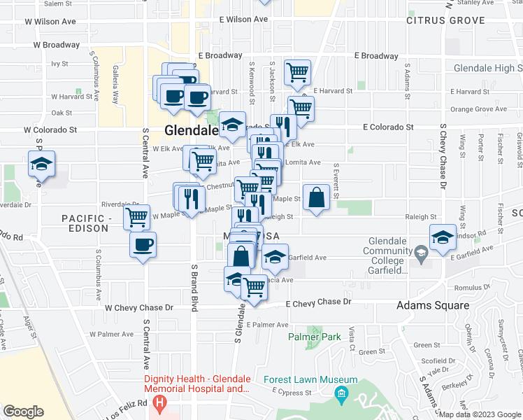 map of restaurants, bars, coffee shops, grocery stores, and more near 714 South Glendale Avenue in Glendale