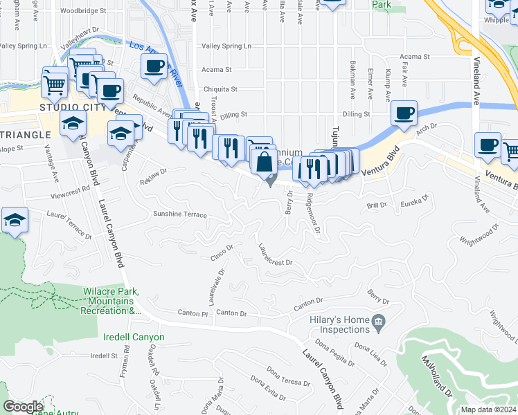 map of restaurants, bars, coffee shops, grocery stores, and more near 11574 Sunshine Terrace in Los Angeles