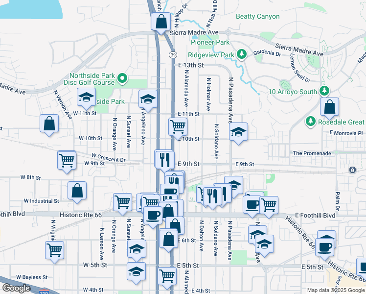 map of restaurants, bars, coffee shops, grocery stores, and more near 933 North Alameda Avenue in Azusa
