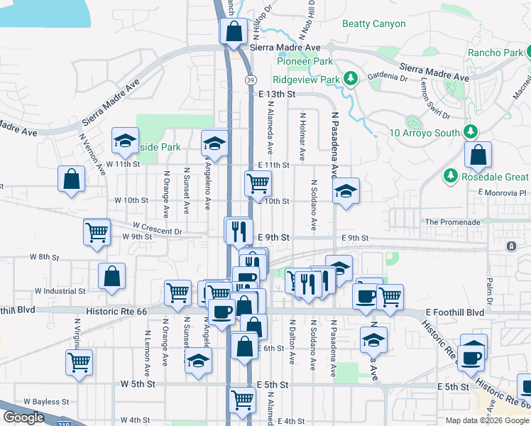 map of restaurants, bars, coffee shops, grocery stores, and more near 933 North Alameda Avenue in Azusa