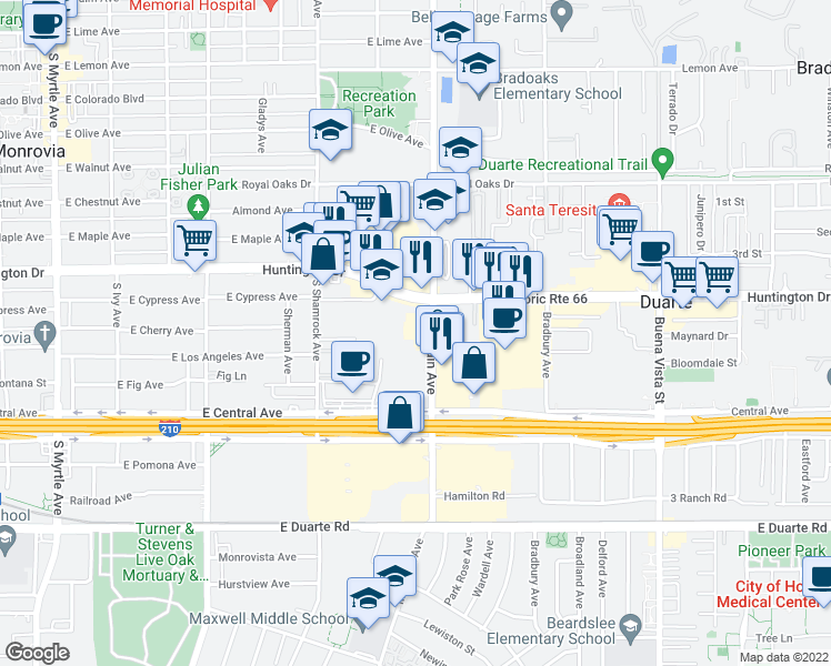 map of restaurants, bars, coffee shops, grocery stores, and more near 1305 Mountain Avenue in Monrovia